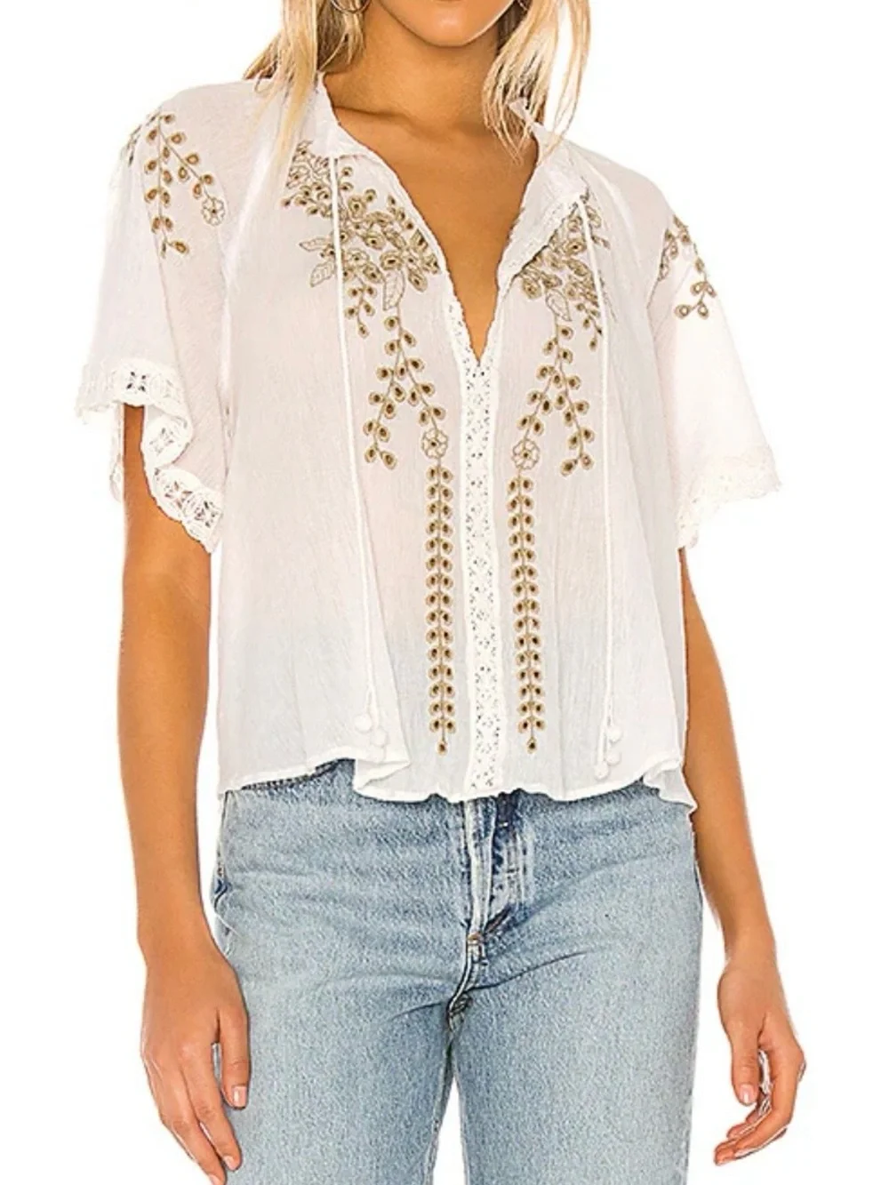 Free People Dahlia Embroidered Blouse Ivory Boho Lace Flutter Sleeve Size M - Picture 1 of 7